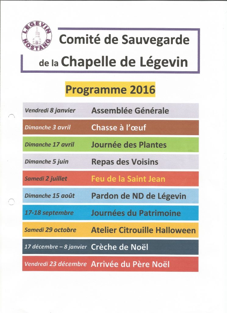 Calendrier des événements 2016